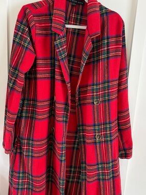HYFVE Women’s Red Plaid Trench Coat | Size Large | Lightweight | Polyester